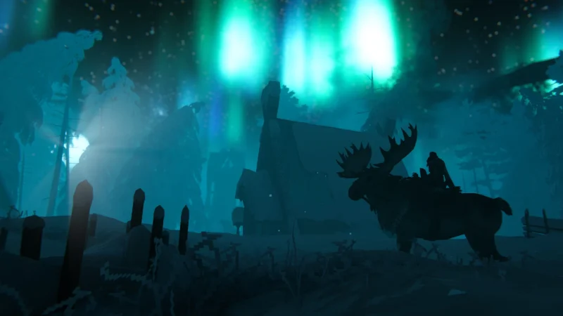 A rider on a moose under the northern lights near a longhouse in Valheim