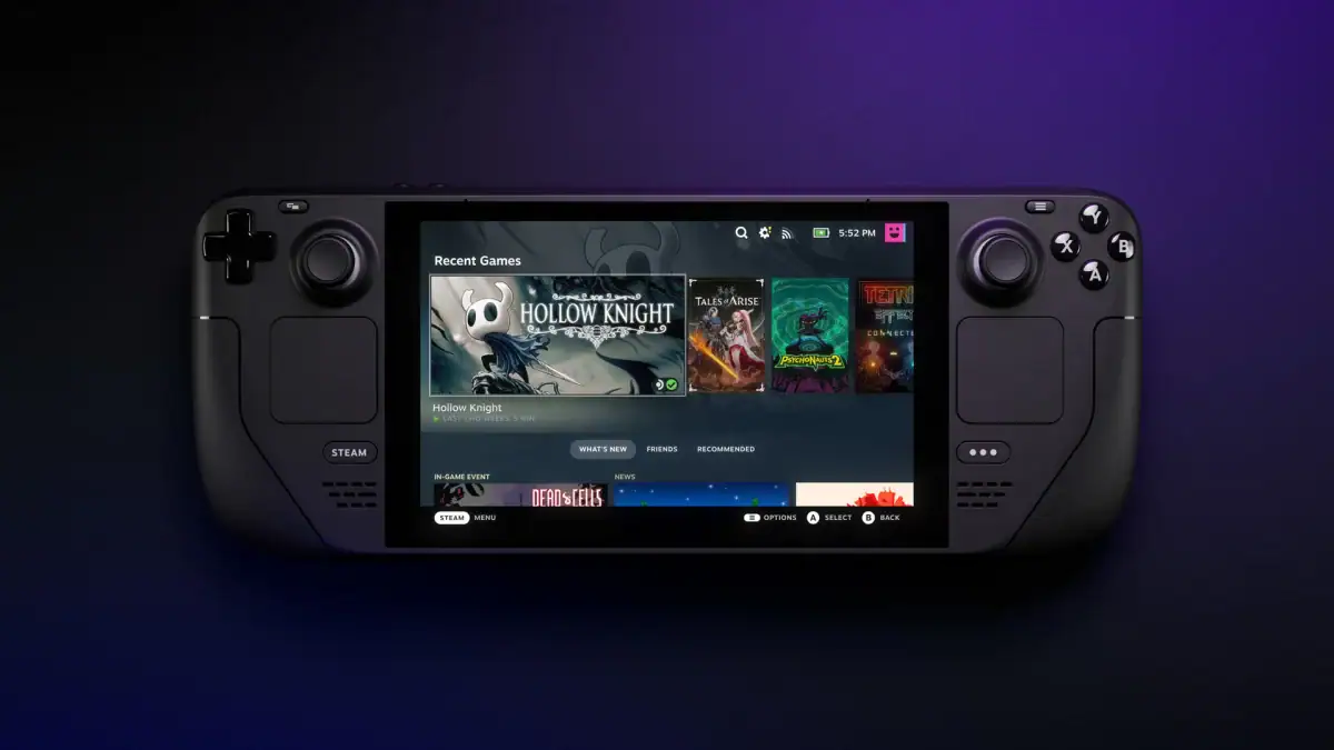 The front of a Steam Deck handheld showing its game library on screen