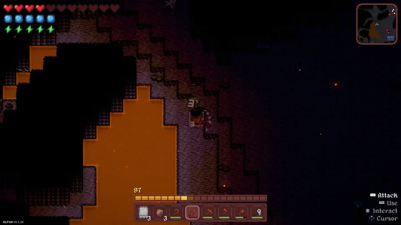 A player digging through a dark underground cave in Vestalborne