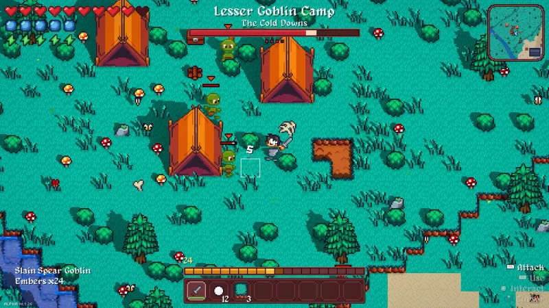 A goblin camp with orange tents in a pixel-art meadow in Vestalborne