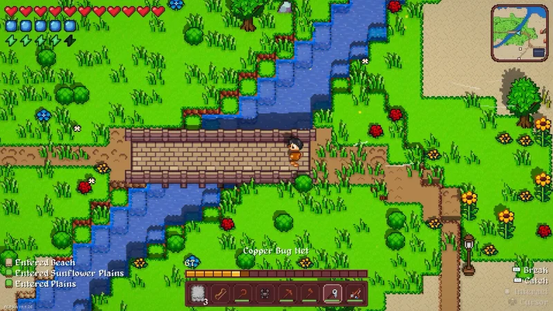A stone bridge over a winding river in Vestalborne's pixel-art Wildlands