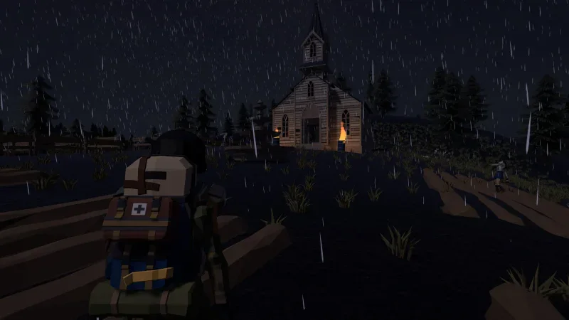 A survivor with a medical backpack looks towards a lit church on a rainy night in Walkers
