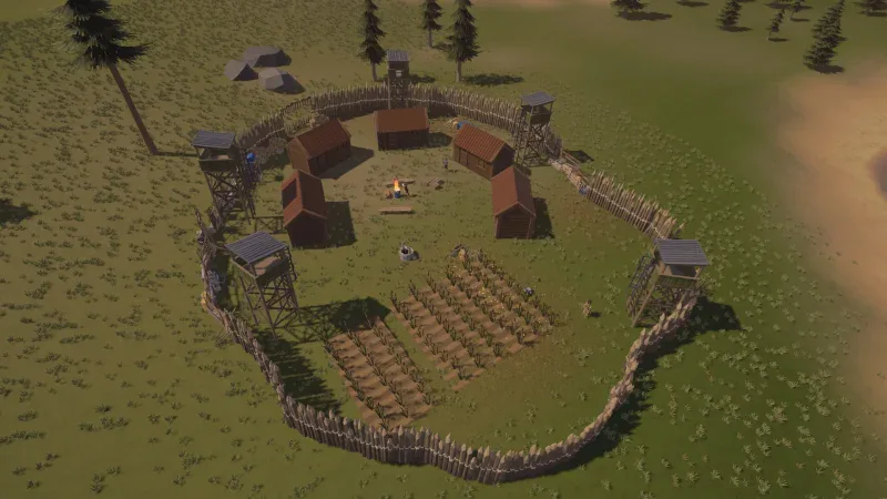A walled outpost with cabins, watchtowers and crop fields in Walkers