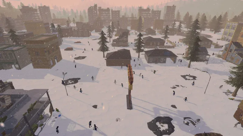 Zombies spread across the streets of a snowy abandoned town in Walkers