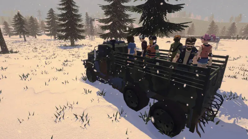 A group of recruited survivors rides in the back of a military truck through the snow in Walkers