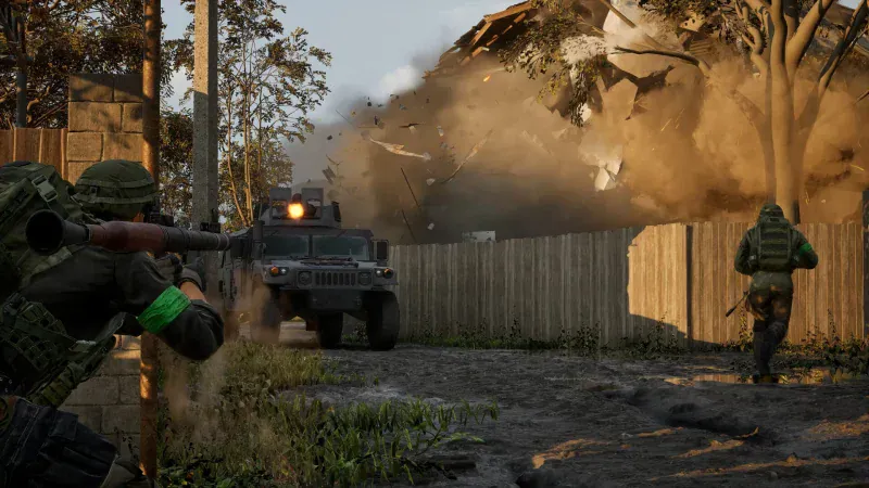 A soldier fires a rocket launcher at an armored humvee near a wooden fence in WARDOGS