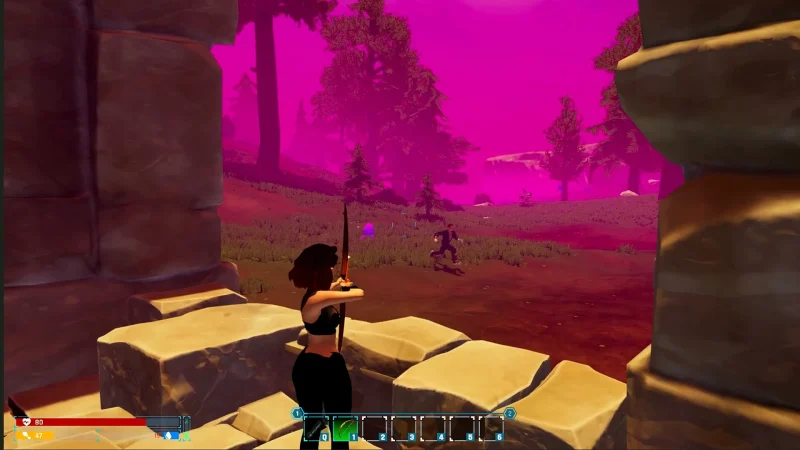 A player aims a bow from a rocky ledge at a creature in Wildsite