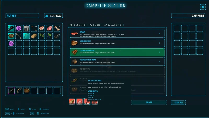 The Campfire Station crafting menu in Wildsite