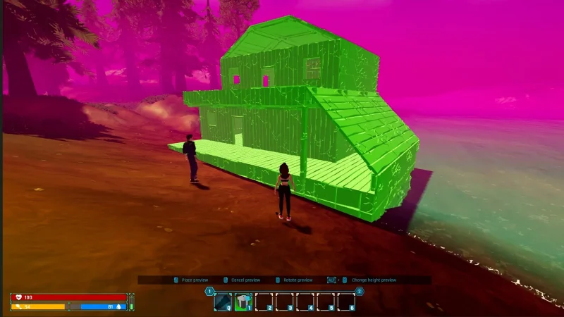 A glowing green hologram of a base being placed with the Shrink Device in Wildsite