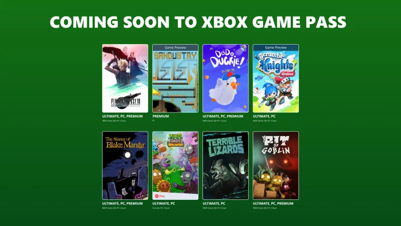 The official Coming Soon to Xbox Game Pass graphic showing eight new games