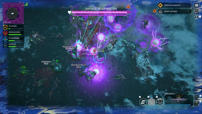 A squad fights the Savage Reanimator boss amid purple energy blasts in Zombie Assault: Resurgence