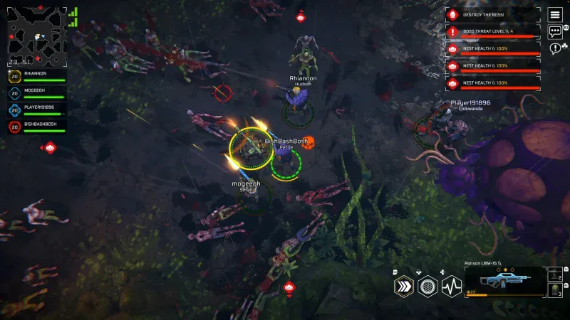 A four-player squad fights a zombie horde in a top-down alien jungle in Zombie Assault: Resurgence