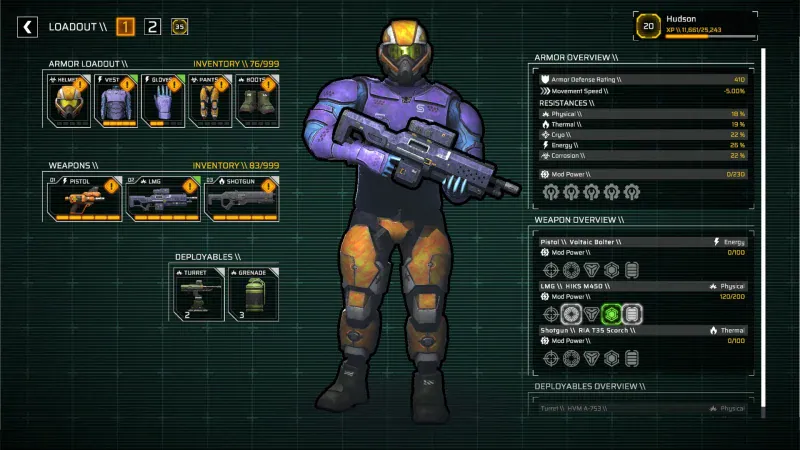 The loadout screen with armour, weapons and deployables for a mercenary in Zombie Assault: Resurgence