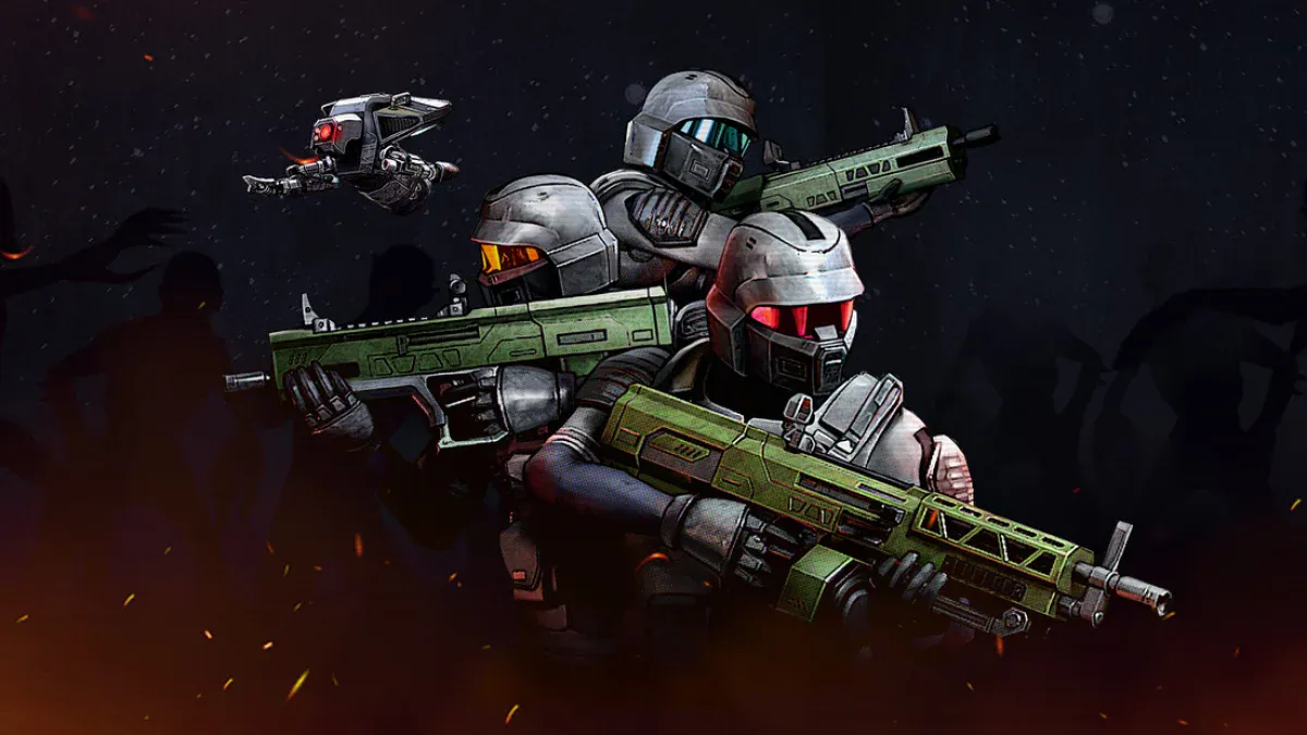 Three armoured mercenaries with rifles and a drone stand against a horde of zombie silhouettes in Zombie Assault: Resurgence key art